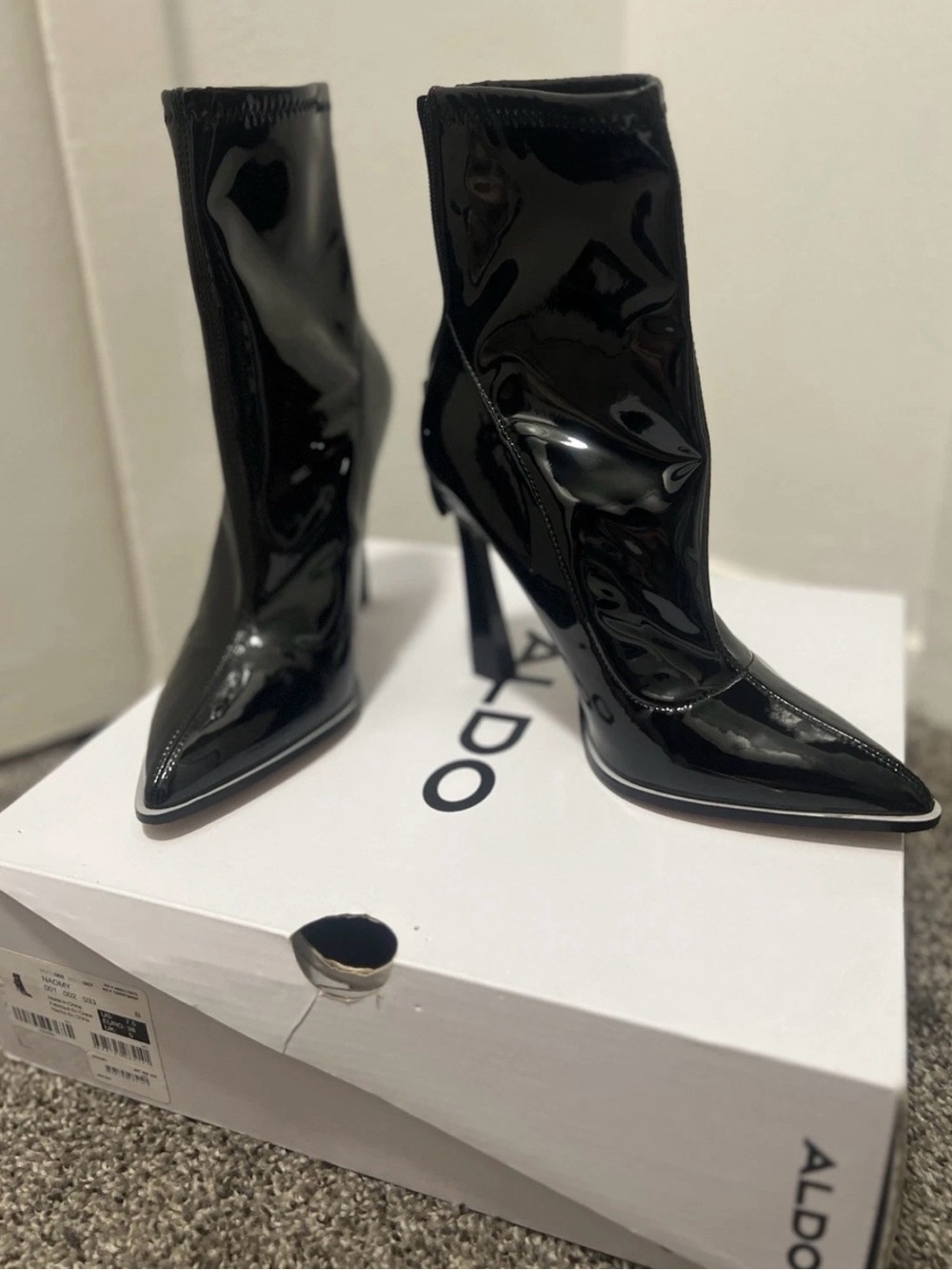 Aldo Black Patent Pointed Toe Stiletto Ankle Boots